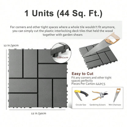 44-Piece 12x12 Inch Outdoor Floor Tiles| Waterproof, Anti-Slip & Interlocking Type, No-Tool Assembly For Poolside/ Balcony/ Backyard Patio Flooring