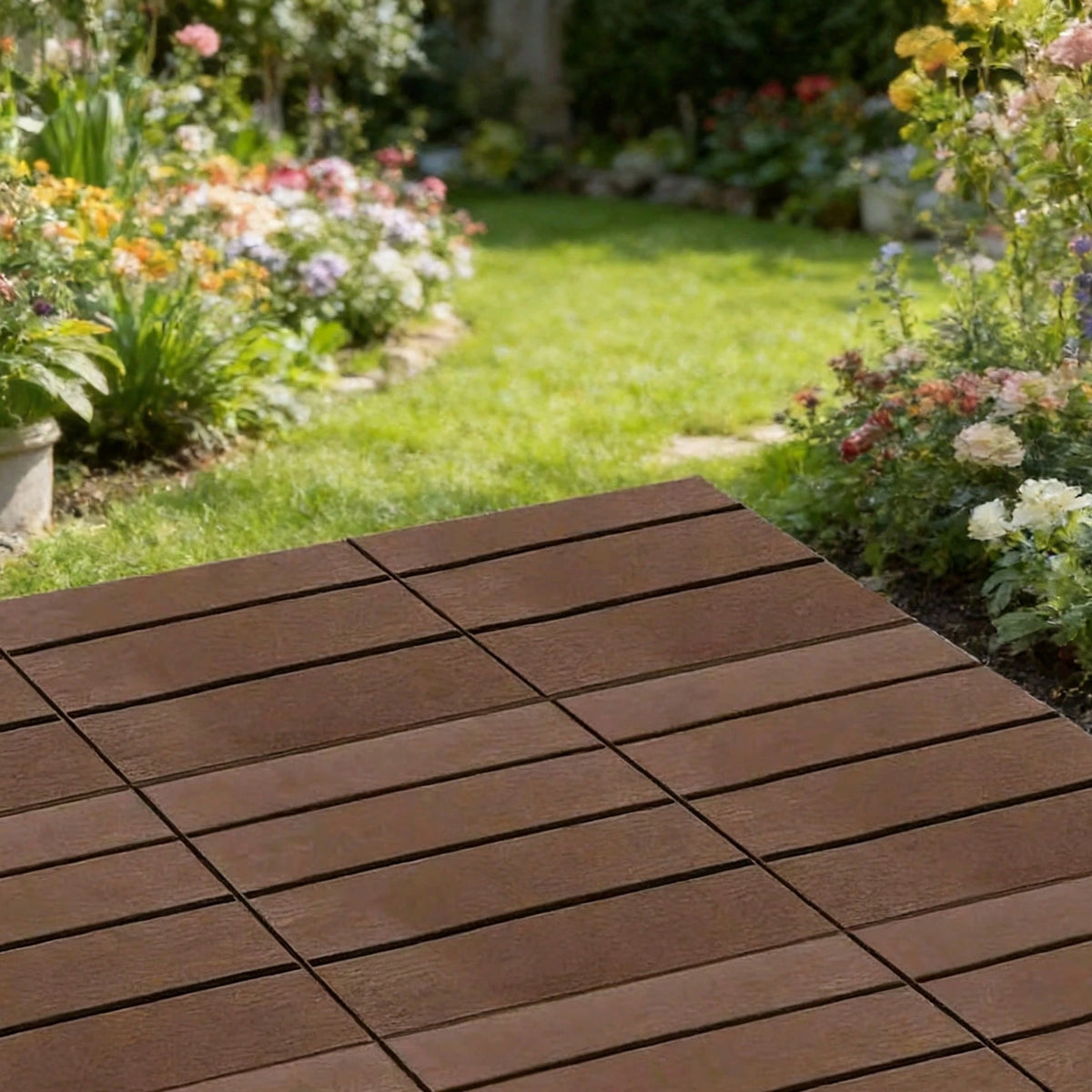 44 Pieces Of 12x12 Inch Interlocking Deck Tiles, Outdoor Terrace Flooring, Waterproof Wood Plastic Composite Deck Tiles, Backyard Anti Slip Garden Deck, Balcony, Poolside, Easy To DIY Install, Brown