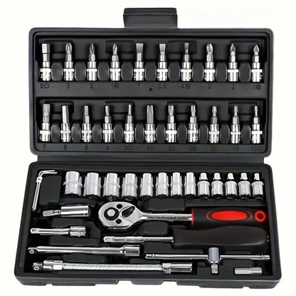 46-Piece Chrome Vanadium Steel Socket Wrench Set, Universal Automotive Repair Tool Box With Ratchet And Extension Bar, Durable Combination Mechanic Tool Box