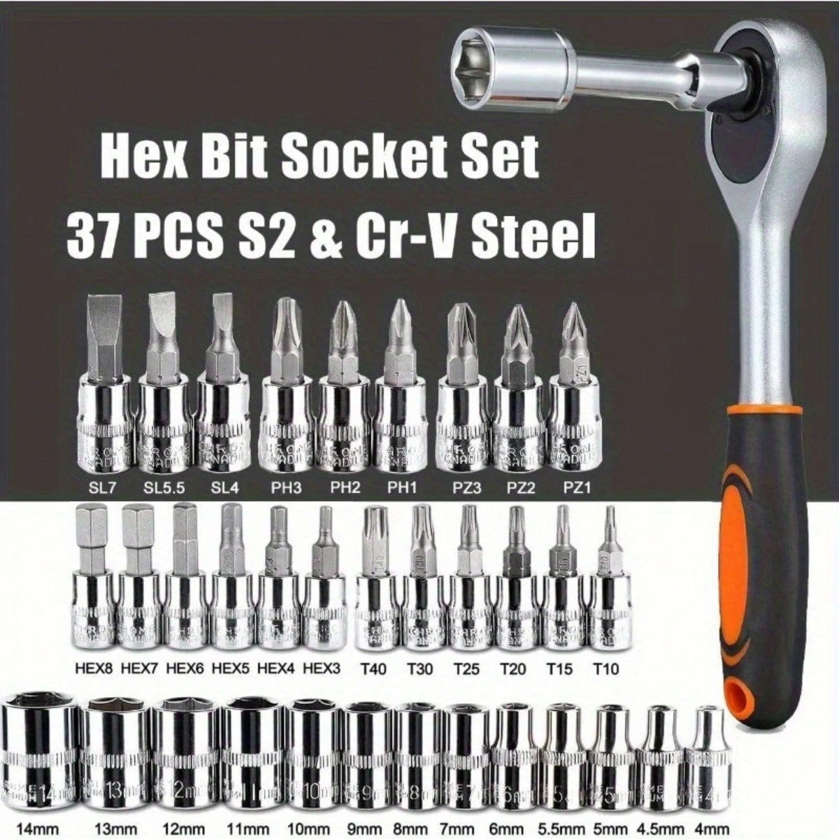 46-Piece Chrome Vanadium Steel Socket Wrench Set, Universal Automotive Repair Tool Box With Ratchet And Extension Bar, Durable Combination Mechanic Tool Box