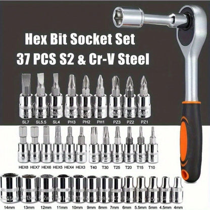 46-Piece Chrome Vanadium Steel Socket Wrench Set, Universal Automotive Repair Tool Box With Ratchet And Extension Bar, Durable Combination Mechanic Tool Box
