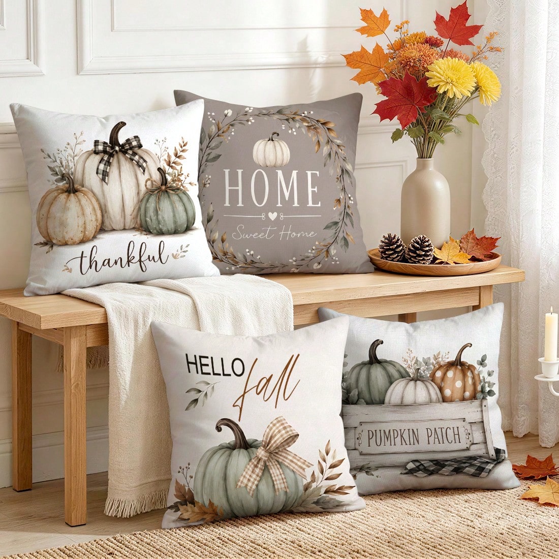 4pcs/1pc Off-White Pumpkin Autumn Pattern Pillow Case Without Insert, Single-Sided Printed Pillow Case, Suitable For Living Room Bedroom Home Decor, All-Season Pillow Case
