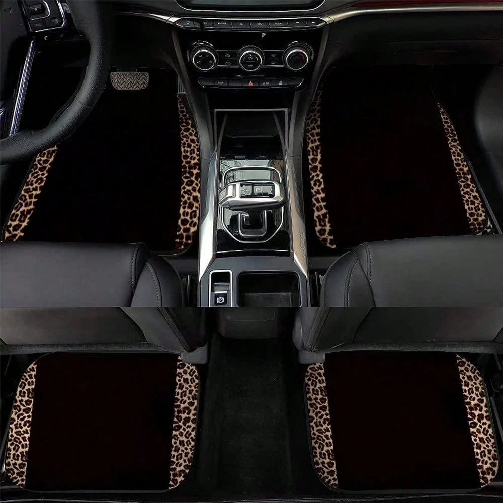 4pcs/2pcs Black Leopard Print Car Floor Mats, Made Of Anti-Slip Polyester Fiber, Suitable For Sedan, SUV, Truck And Other Vehicle Interiors, Auto Accessories