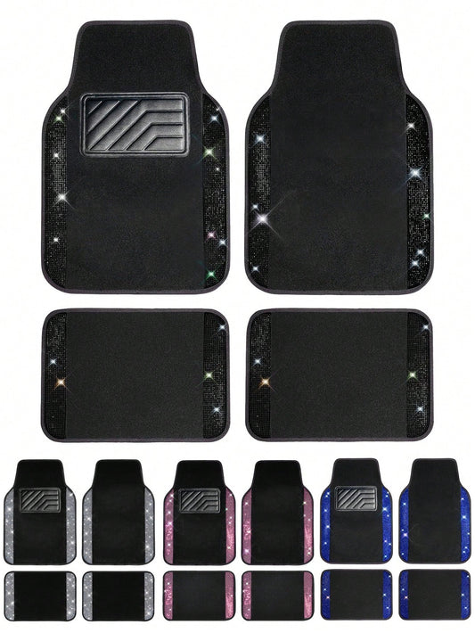 4PCS/2PCS Bling Diamond Car Floor Mats – Sparkling Crystal Rhinestone Design With Glitter Finish| Anti-Slip PVC Heel Pad, Waterproof & All-Weather Protection| Universal Fit For Front & Rear Rows, Co