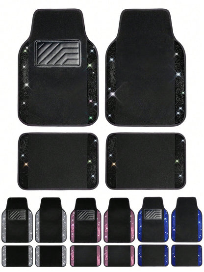 4PCS/2PCS Bling Diamond Car Floor Mats – Sparkling Crystal Rhinestone Design With Glitter Finish| Anti-Slip PVC Heel Pad, Waterproof & All-Weather Protection| Universal Fit For Front & Rear Rows, Co