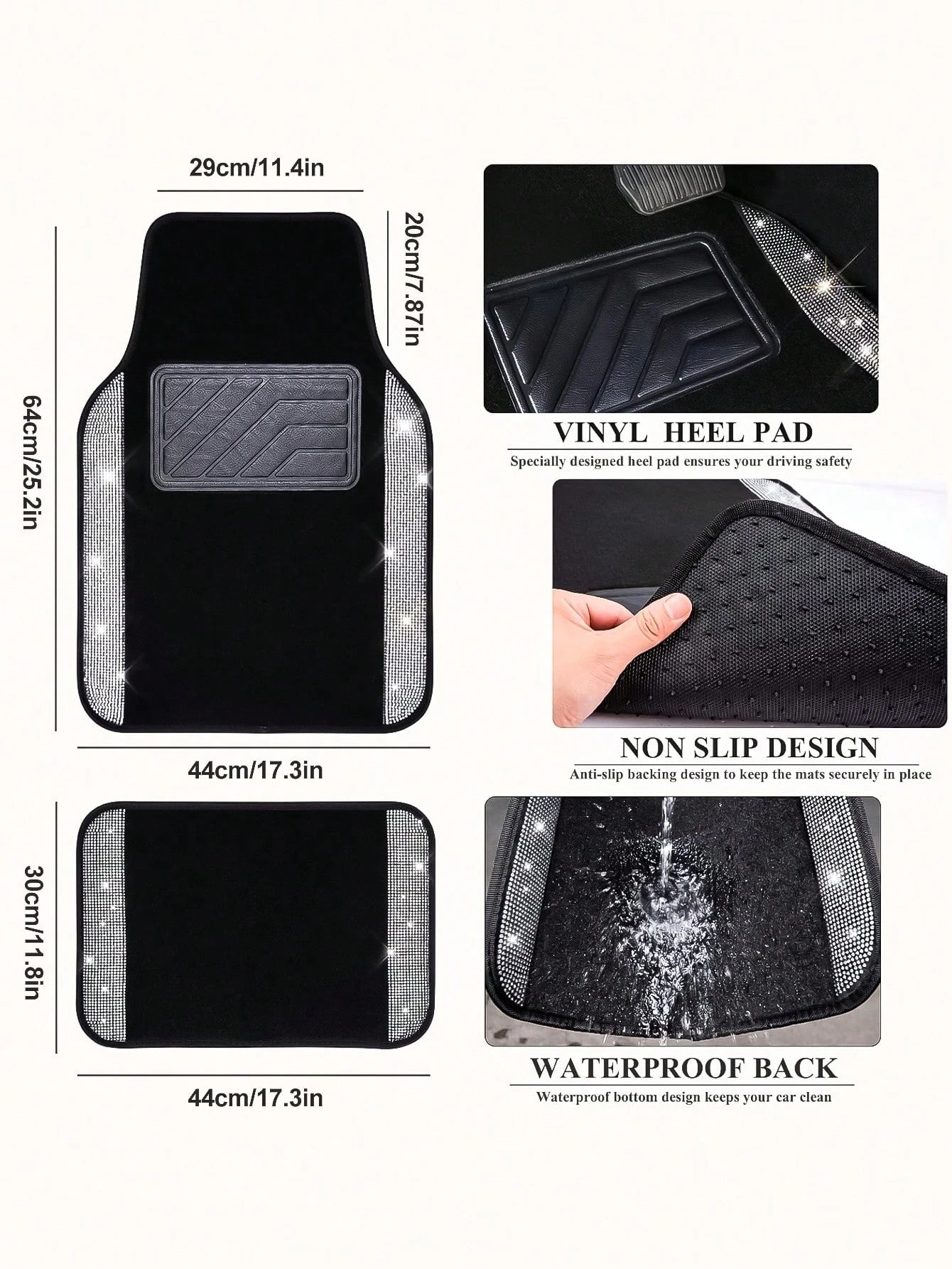 4PCS/2PCS Bling Diamond Car Floor Mats – Sparkling Crystal Rhinestone Design With Glitter Finish| Anti-Slip PVC Heel Pad, Waterproof & All-Weather Protection| Universal Fit For Front & Rear Rows, Co