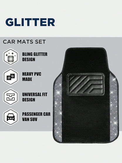 4PCS/2PCS Bling Diamond Car Floor Mats – Sparkling Crystal Rhinestone Design With Glitter Finish| Anti-Slip PVC Heel Pad, Waterproof & All-Weather Protection| Universal Fit For Front & Rear Rows, Co