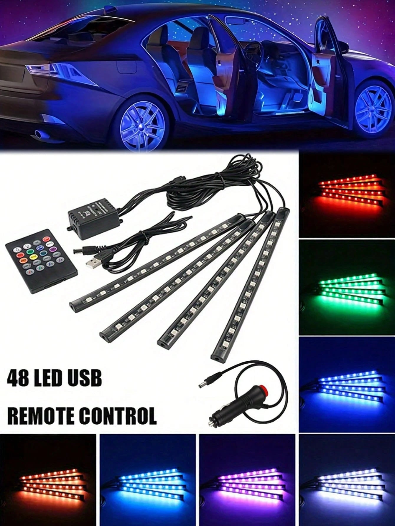 4pcs 48-LED Car Interior Lights Strips With Sound-Activated & Remote Control, Multicolor Music Car Decor Accessories, Waterproof Underdash Lighting Kit With Car Charger, 12V