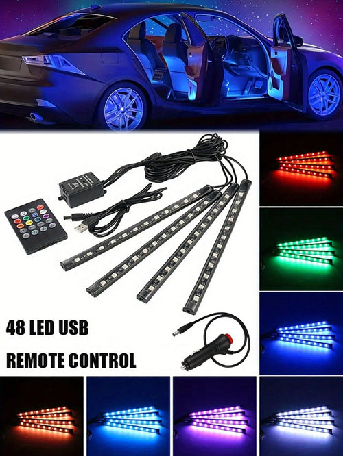 4pcs 48-LED Car Interior Lights Strips With Sound-Activated & Remote Control, Multicolor Music Car Decor Accessories, Waterproof Underdash Lighting Kit With Car Charger, 12V