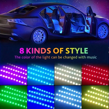 4pcs 48-LED Car Interior Lights Strips With Sound-Activated & Remote Control, Multicolor Music Car Decor Accessories, Waterproof Underdash Lighting Kit With Car Charger, 12V