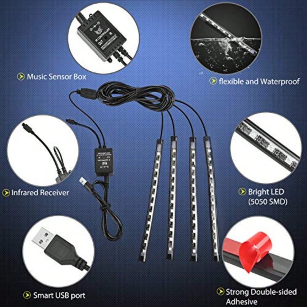 4pcs 48-LED Car Interior Lights Strips With Sound-Activated & Remote Control, Multicolor Music Car Decor Accessories, Waterproof Underdash Lighting Kit With Car Charger, 12V