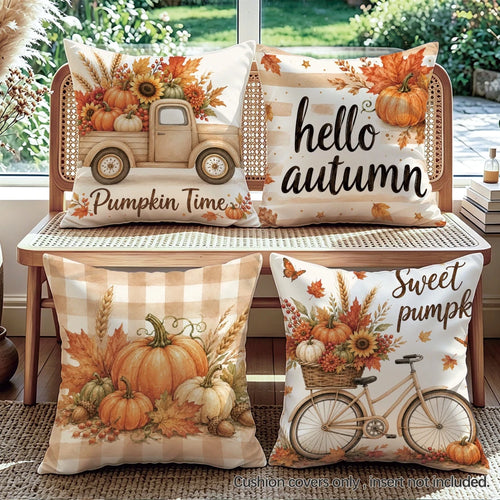 4pcs Autumn Harvest Pumpkin Maple Leaf Plant Fruit Pattern Cushion Covers, Single-Sided Printed Skin-Friendly Peach Skin Velvet Material, 45*45/50*50CM Pillow Covers Suitable For Room Decoration, Indo