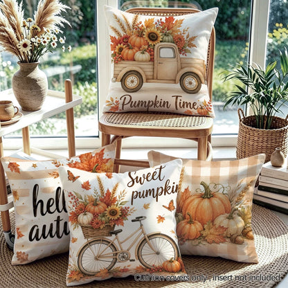 4pcs Autumn Harvest Pumpkin Maple Leaf Plant Fruit Pattern Cushion Covers, Single-Sided Printed Skin-Friendly Peach Skin Velvet Material, 45*45/50*50CM Pillow Covers Suitable For Room Decoration, Indo