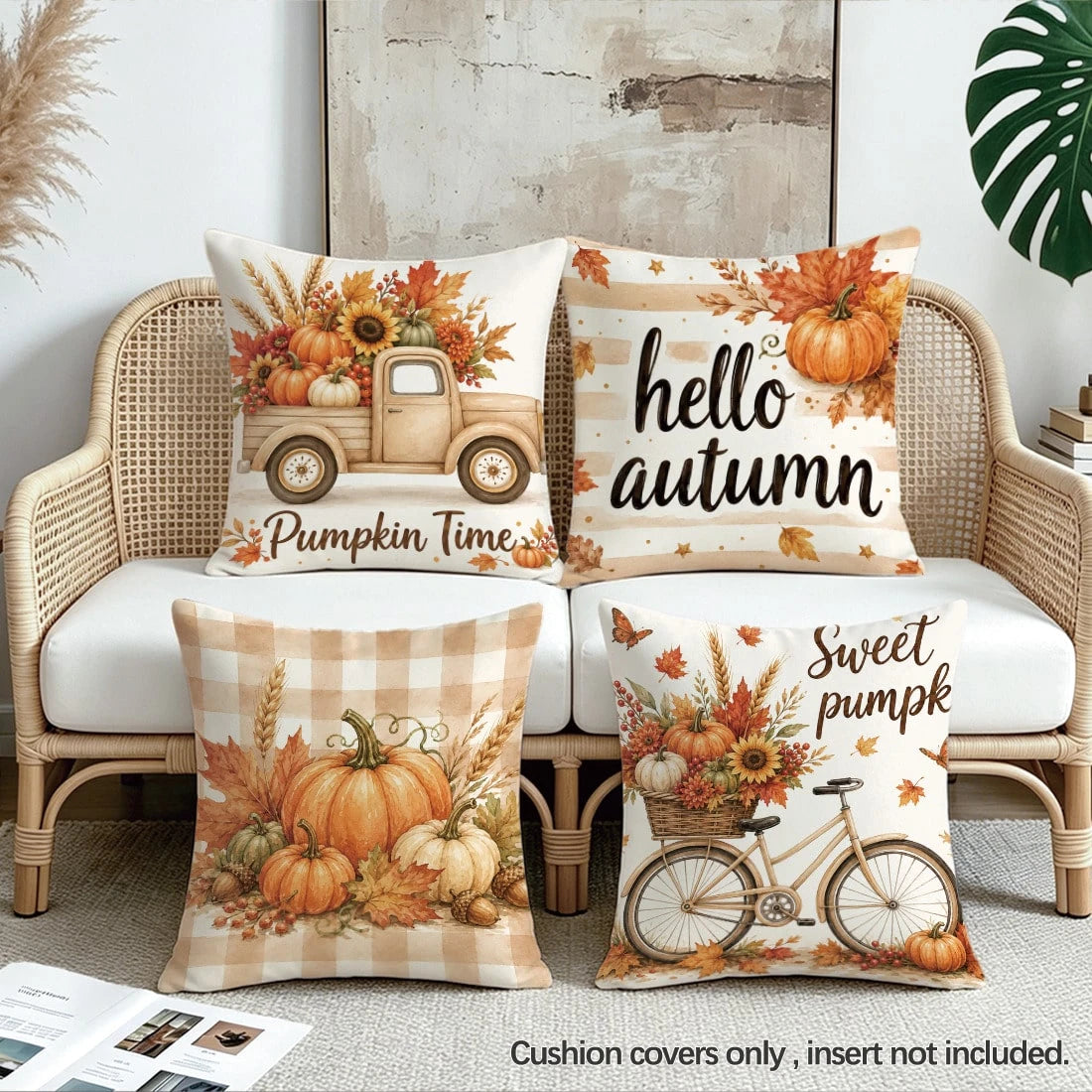 4pcs Autumn Harvest Pumpkin Maple Leaf Plant Fruit Pattern Cushion Covers, Single-Sided Printed Skin-Friendly Peach Skin Velvet Material, 45*45/50*50CM Pillow Covers Suitable For Room Decoration, Indo