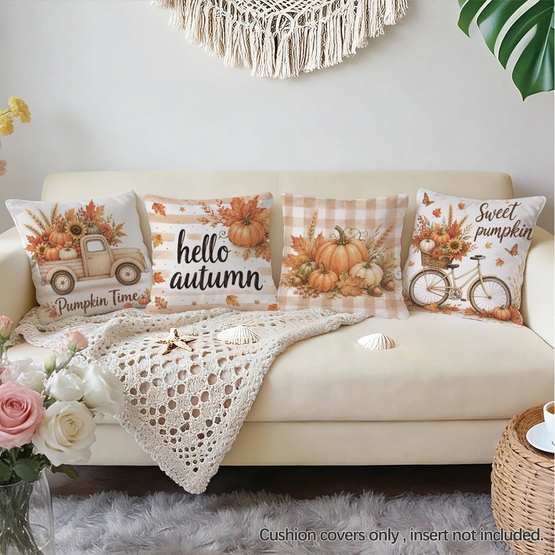 4pcs Autumn Harvest Pumpkin Maple Leaf Plant Fruit Pattern Cushion Covers, Single-Sided Printed Skin-Friendly Peach Skin Velvet Material, 45*45/50*50CM Pillow Covers Suitable For Room Decoration, Indo
