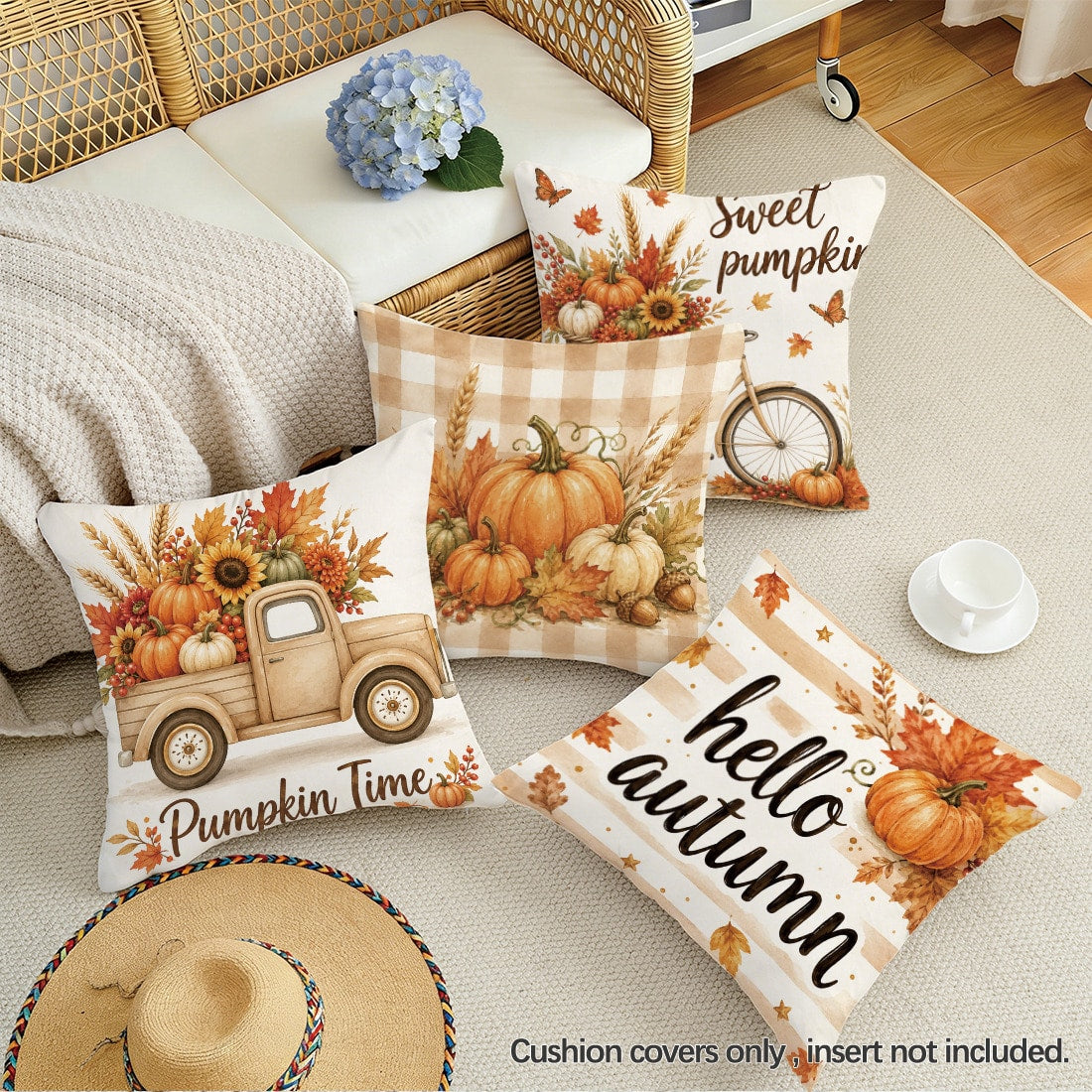 4pcs Autumn Harvest Pumpkin Maple Leaf Plant Fruit Pattern Cushion Covers, Single-Sided Printed Skin-Friendly Peach Skin Velvet Material, 45*45/50*50CM Pillow Covers Suitable For Room Decoration, Indo