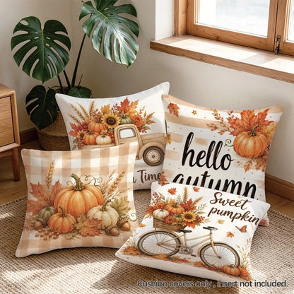 4pcs Autumn Harvest Pumpkin Maple Leaf Plant Fruit Pattern Cushion Covers, Single-Sided Printed Skin-Friendly Peach Skin Velvet Material, 45*45/50*50CM Pillow Covers Suitable For Room Decoration, Indo