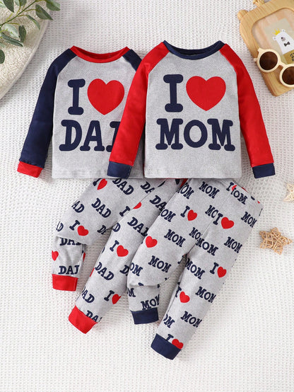 4pcs Baby Boy Snug Fit Letter Graphic Color Block Round Neck Raglan Sleeve Long Sleeve T-Shirt And Pants Soft Comfortable Pajama Set