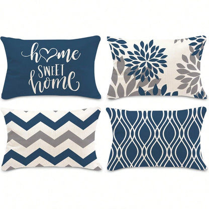 4pcs Blue Geometric Pattern Throw Pillow Covers- Sofa Decorative Cushion Covers, Outdoor Home Decor Pillow Shams, Single-Sided No Insert, Floral Holiday Decorative Pillow Cases (16"X16" 18"X18" 20"X2