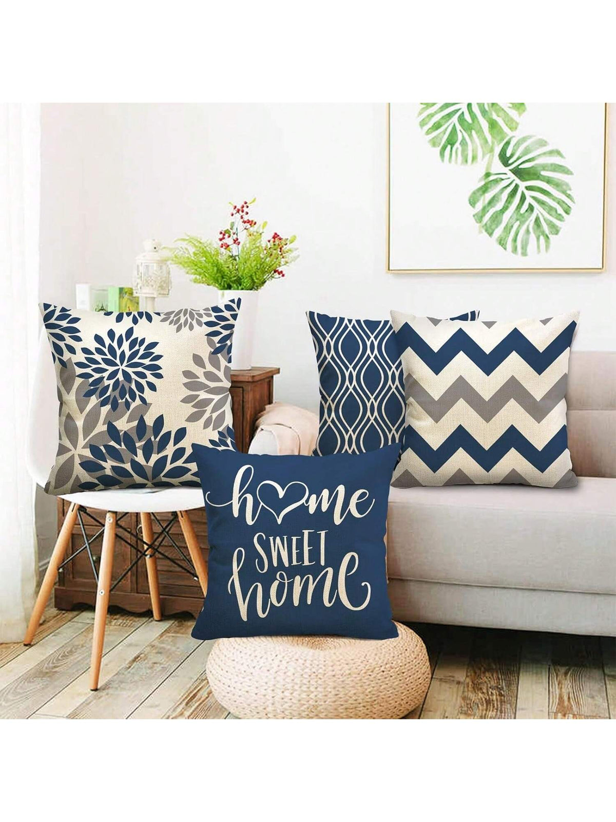 4pcs Blue Geometric Pattern Throw Pillow Covers- Sofa Decorative Cushion Covers, Outdoor Home Decor Pillow Shams, Single-Sided No Insert, Floral Holiday Decorative Pillow Cases (16"X16" 18"X18" 20"X2