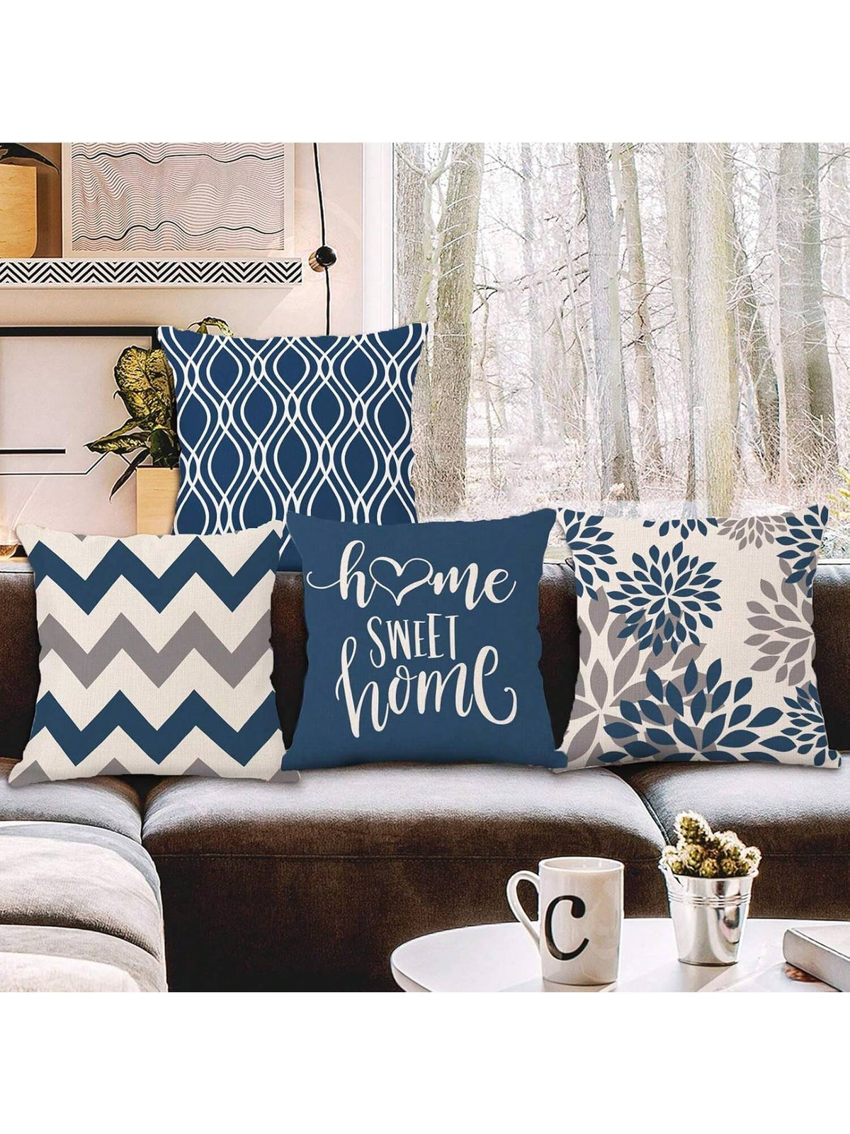 4pcs Blue Geometric Pattern Throw Pillow Covers- Sofa Decorative Cushion Covers, Outdoor Home Decor Pillow Shams, Single-Sided No Insert, Floral Holiday Decorative Pillow Cases (16"X16" 18"X18" 20"X2