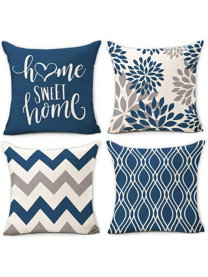 4pcs Blue Geometric Pattern Throw Pillow Covers- Sofa Decorative Cushion Covers, Outdoor Home Decor Pillow Shams, Single-Sided No Insert, Floral Holiday Decorative Pillow Cases (16"X16" 18"X18" 20"X2