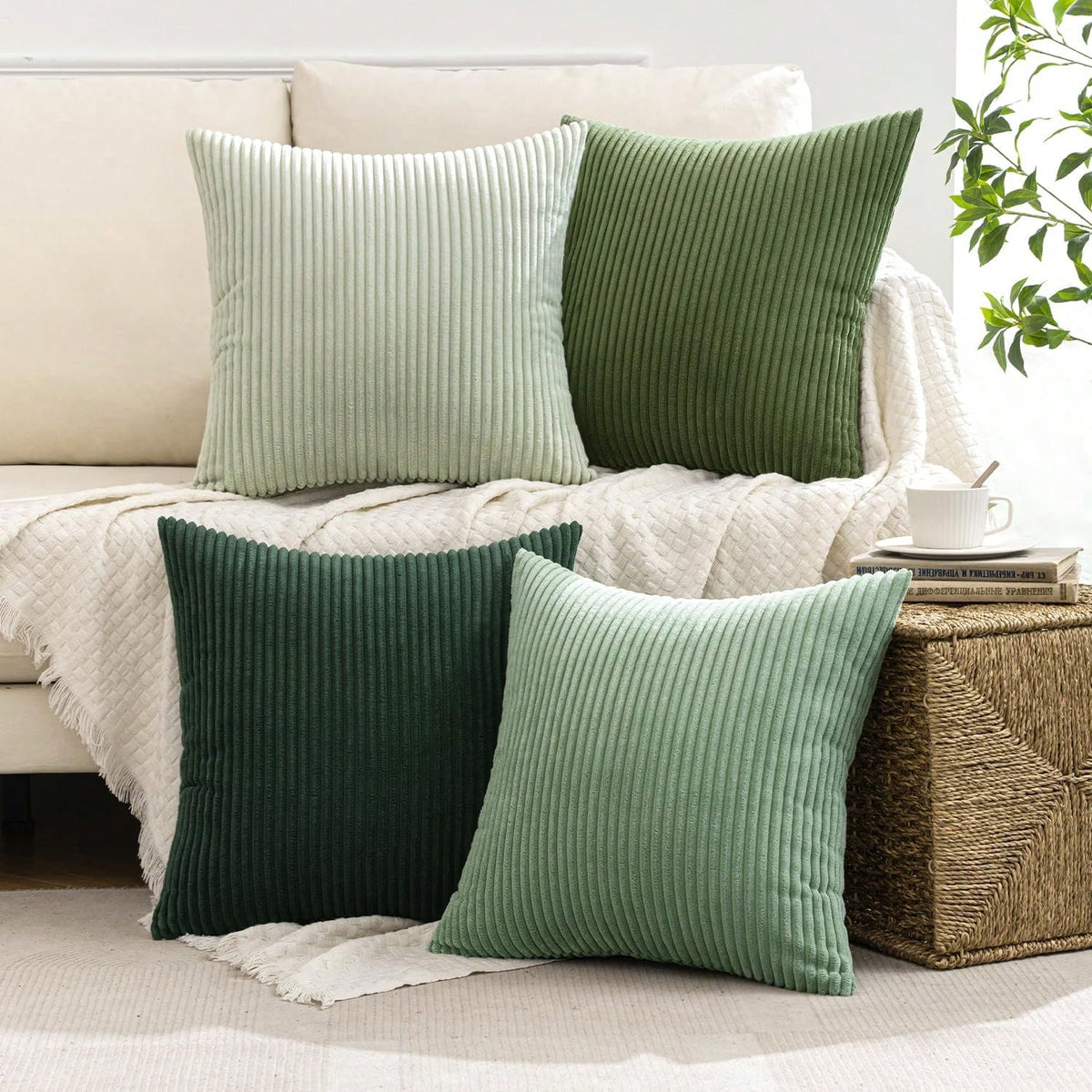 4pcs Bohemian Countryside Style Cushion Covers, Gray-Green Modern Nordic Soft Corduroy Throw Pillow Covers, Spring Home Decor For Sofa, Bed, Living Room (4-Piece Set)
