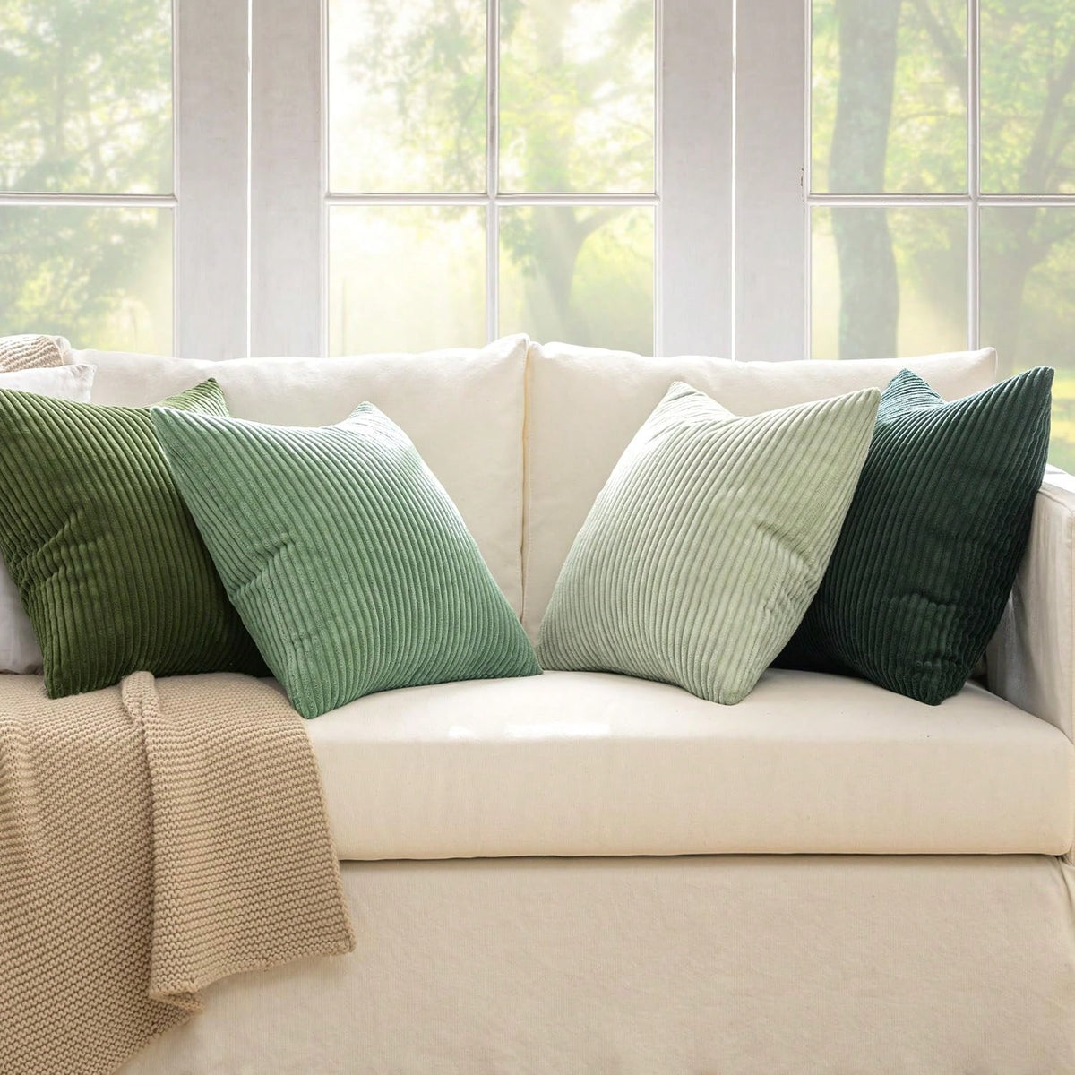 4pcs Bohemian Countryside Style Cushion Covers, Gray-Green Modern Nordic Soft Corduroy Throw Pillow Covers, Spring Home Decor For Sofa, Bed, Living Room (4-Piece Set)