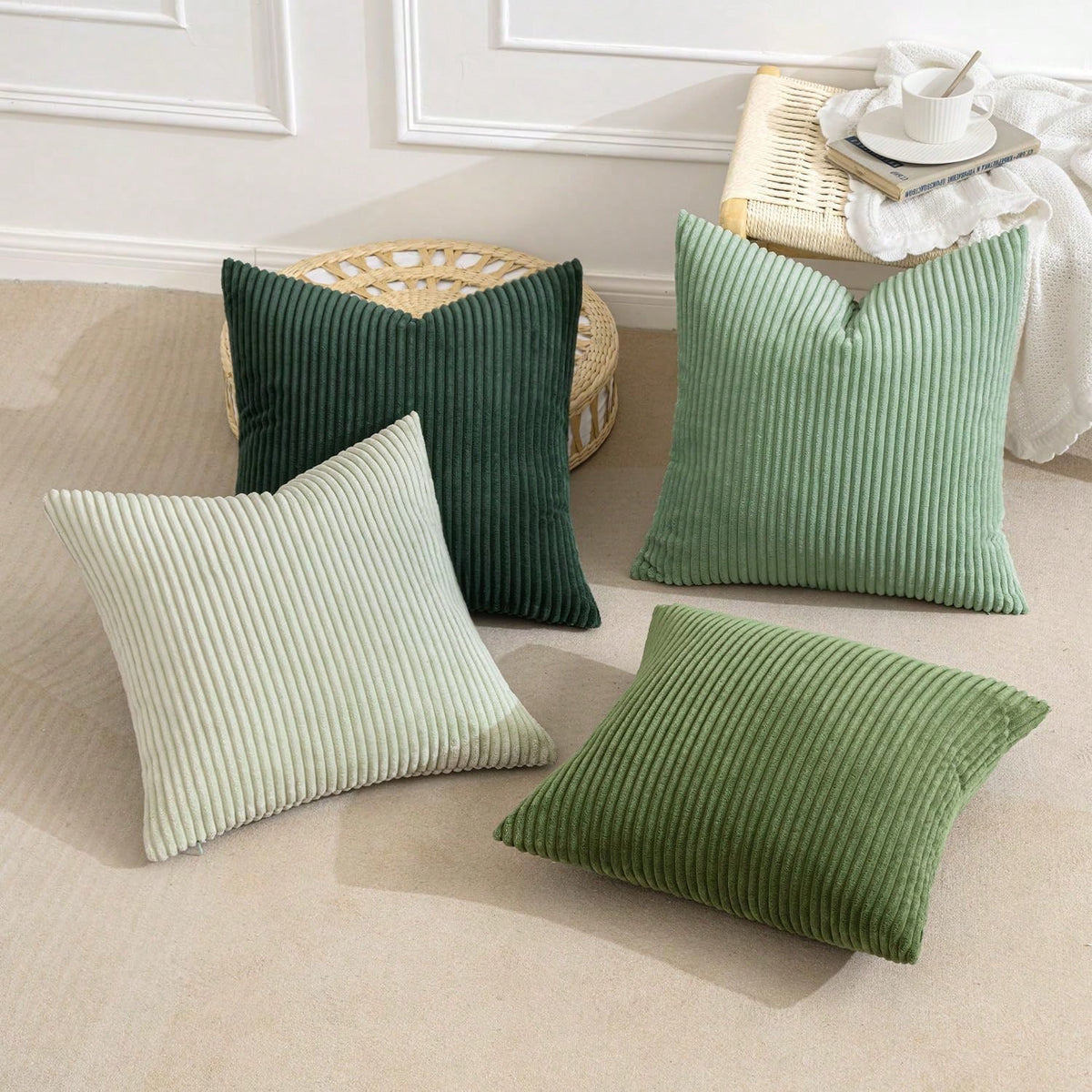 4pcs Bohemian Countryside Style Cushion Covers, Gray-Green Modern Nordic Soft Corduroy Throw Pillow Covers, Spring Home Decor For Sofa, Bed, Living Room (4-Piece Set)
