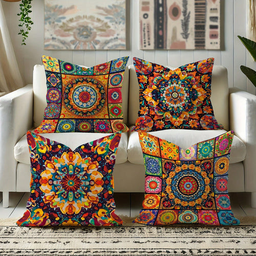 4pcs Bohemian Peach Velvet Pillow Covers, Modern Pattern In Yellow And Orange, Soft Decorative Pillowcase, Single-Sided Printing, Polyester, Machine Washable, Zipper Closure, Suitable For Living Room