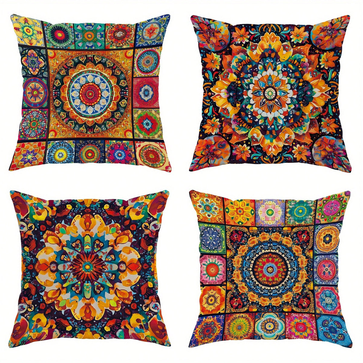 4pcs Bohemian Peach Velvet Pillow Covers, Modern Pattern In Yellow And Orange, Soft Decorative Pillowcase, Single-Sided Printing, Polyester, Machine Washable, Zipper Closure, Suitable For Living Room