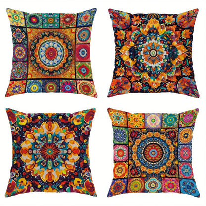 4pcs Bohemian Peach Velvet Pillow Covers, Modern Pattern In Yellow And Orange, Soft Decorative Pillowcase, Single-Sided Printing, Polyester, Machine Washable, Zipper Closure, Suitable For Living Room