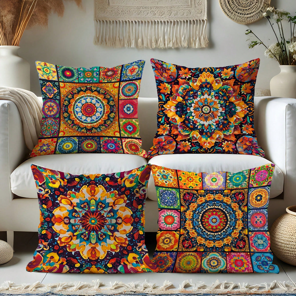 4pcs Bohemian Peach Velvet Pillow Covers, Modern Pattern In Yellow And Orange, Soft Decorative Pillowcase, Single-Sided Printing, Polyester, Machine Washable, Zipper Closure, Suitable For Living Room