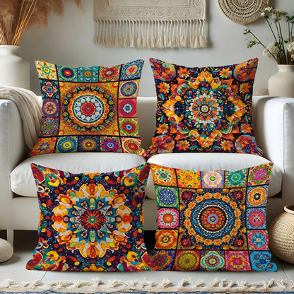 4pcs Bohemian Peach Velvet Pillow Covers, Modern Pattern In Yellow And Orange, Soft Decorative Pillowcase, Single-Sided Printing, Polyester, Machine Washable, Zipper Closure, Suitable For Living Room