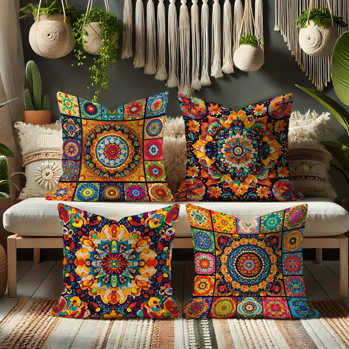4pcs Bohemian Peach Velvet Pillow Covers, Modern Pattern In Yellow And Orange, Soft Decorative Pillowcase, Single-Sided Printing, Polyester, Machine Washable, Zipper Closure, Suitable For Living Room
