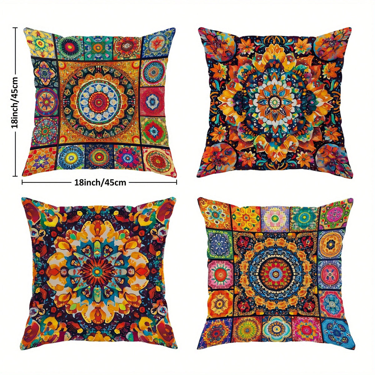 4pcs Bohemian Peach Velvet Pillow Covers, Modern Pattern In Yellow And Orange, Soft Decorative Pillowcase, Single-Sided Printing, Polyester, Machine Washable, Zipper Closure, Suitable For Living Room
