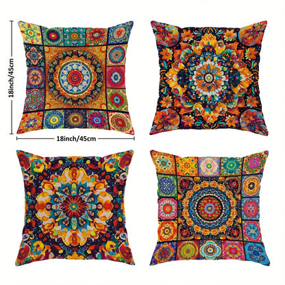 4pcs Bohemian Peach Velvet Pillow Covers, Modern Pattern In Yellow And Orange, Soft Decorative Pillowcase, Single-Sided Printing, Polyester, Machine Washable, Zipper Closure, Suitable For Living Room