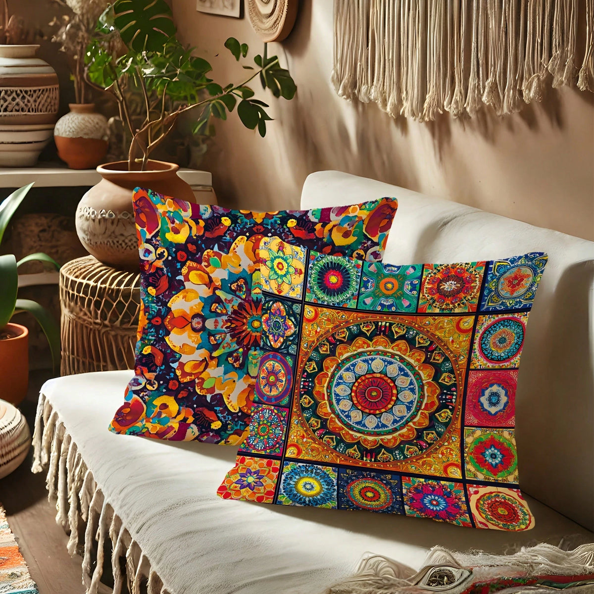 4pcs Bohemian Peach Velvet Pillow Covers, Modern Pattern In Yellow And Orange, Soft Decorative Pillowcase, Single-Sided Printing, Polyester, Machine Washable, Zipper Closure, Suitable For Living Room