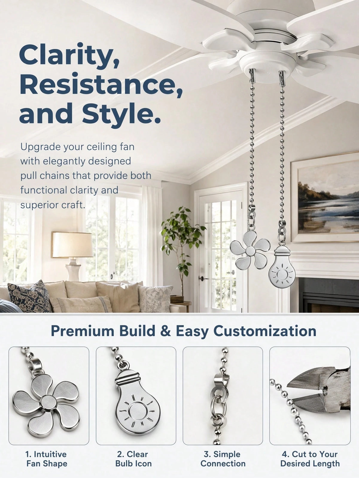 4pcs Ceiling Fan Light Pull Chain Set, Ceiling Fan Bulb And Blade Pattern Pull Chain Extender, 12 Inch Pull Chain Extender With Ball Chain Connector, Chain Can Be Trimmed