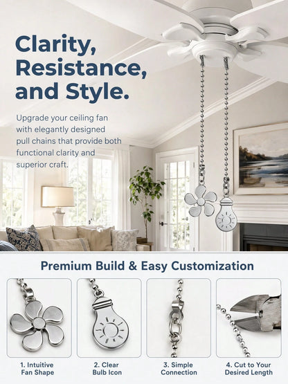 4pcs Ceiling Fan Light Pull Chain Set, Ceiling Fan Bulb And Blade Pattern Pull Chain Extender, 12 Inch Pull Chain Extender With Ball Chain Connector, Chain Can Be Trimmed
