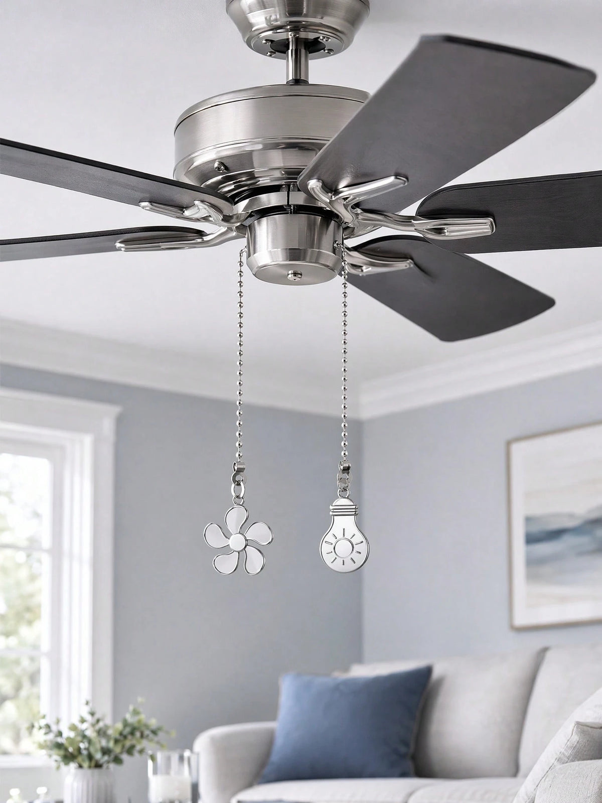 4pcs Ceiling Fan Light Pull Chain Set, Ceiling Fan Bulb And Blade Pattern Pull Chain Extender, 12 Inch Pull Chain Extender With Ball Chain Connector, Chain Can Be Trimmed