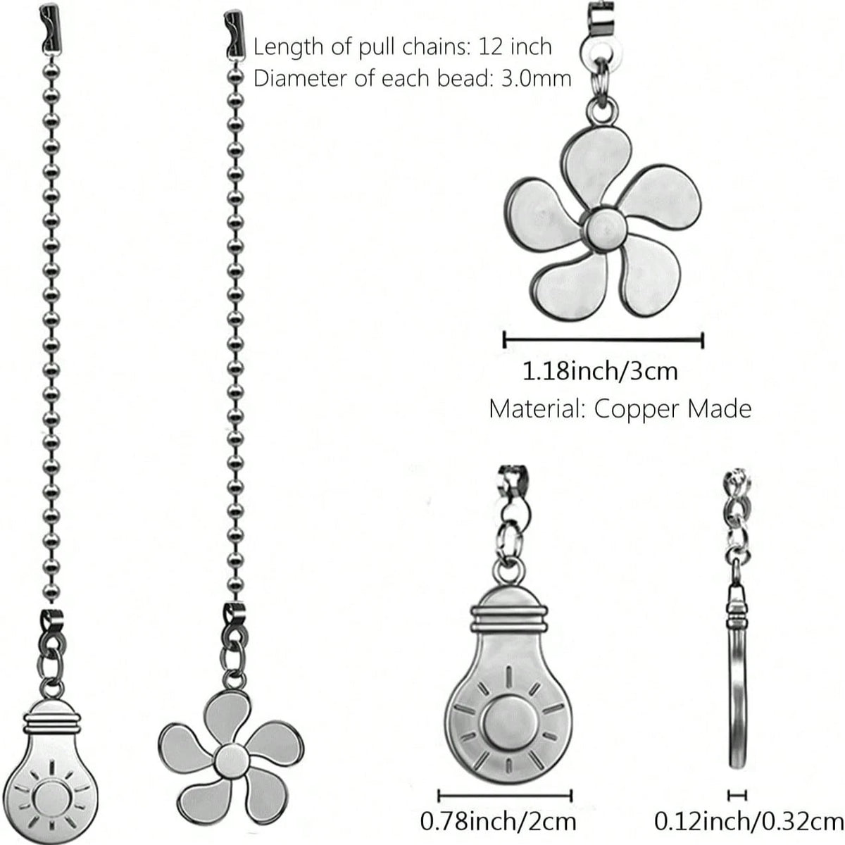 4pcs Ceiling Fan Light Pull Chain Set, Ceiling Fan Bulb And Blade Pattern Pull Chain Extender, 12 Inch Pull Chain Extender With Ball Chain Connector, Chain Can Be Trimmed