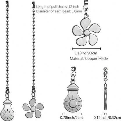 4pcs Ceiling Fan Light Pull Chain Set, Ceiling Fan Bulb And Blade Pattern Pull Chain Extender, 12 Inch Pull Chain Extender With Ball Chain Connector, Chain Can Be Trimmed