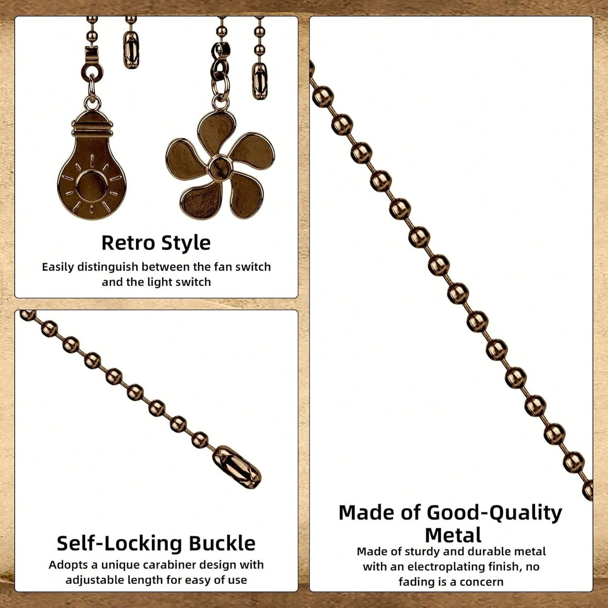 4pcs Ceiling Fan Light Pull Chain Set, Ceiling Fan Bulb And Blade Pattern Pull Chain Extender, 12 Inch Pull Chain Extender With Ball Chain Connector, Chain Can Be Trimmed