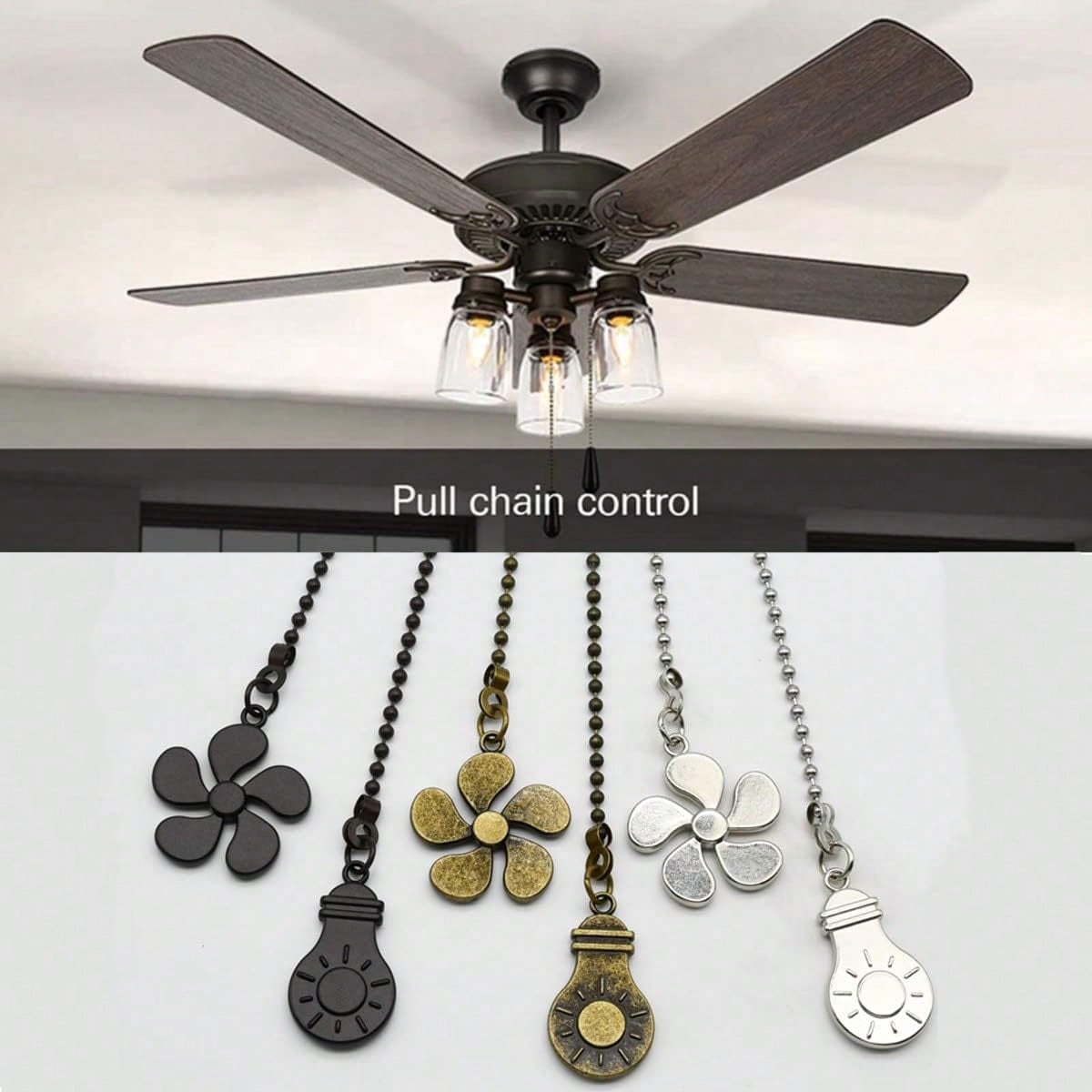 4pcs Ceiling Fan Light Pull Chain Set, Ceiling Fan Bulb And Blade Pattern Pull Chain Extender, 12 Inch Pull Chain Extender With Ball Chain Connector, Chain Can Be Trimmed