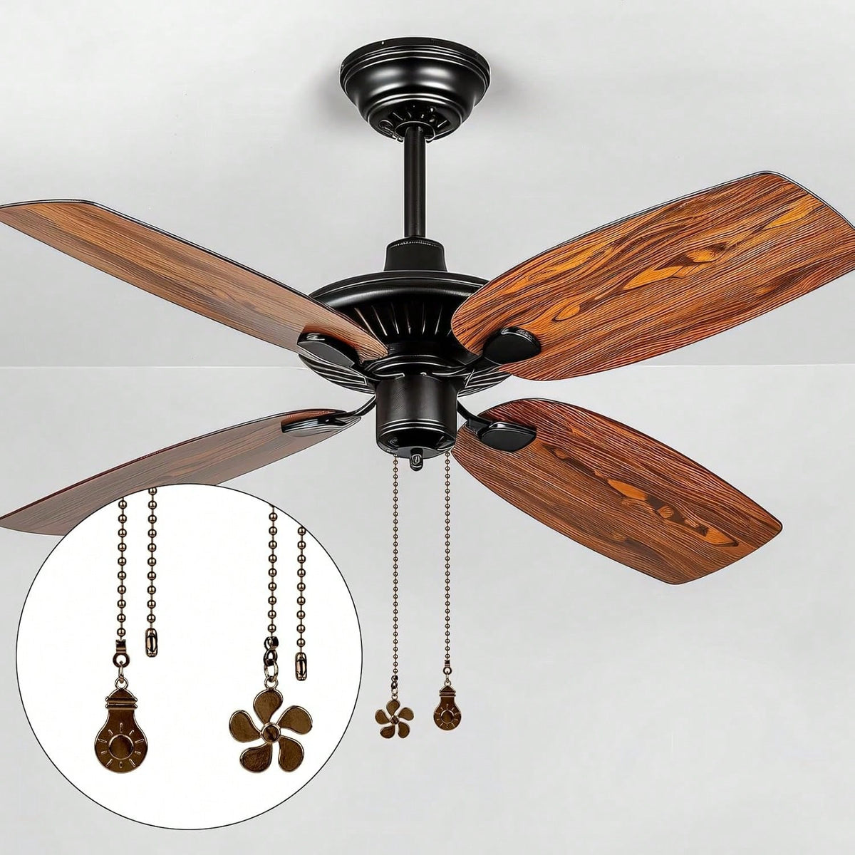 4pcs Ceiling Fan Light Pull Chain Set, Ceiling Fan Bulb And Blade Pattern Pull Chain Extender, 12 Inch Pull Chain Extender With Ball Chain Connector, Chain Can Be Trimmed