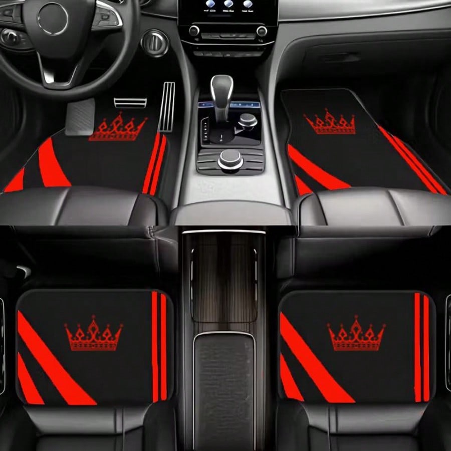 4pcs Crown Element Colorful Minimalist Print Car Floor Mats Set, Universal Car Floor Mats, Car Interior Floor Mats- Full Coverage Front And Rear Car Interior Accessories, Crystal Velvet Vehicle Floor