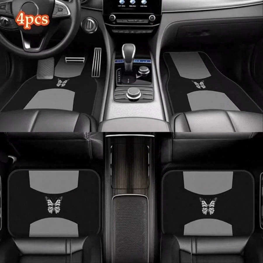 4pcs Grey & Black Butterfly Pattern Car Floor Mats- Suitable For Sedan, Truck And SUV- Perfect Gift For Men And Women