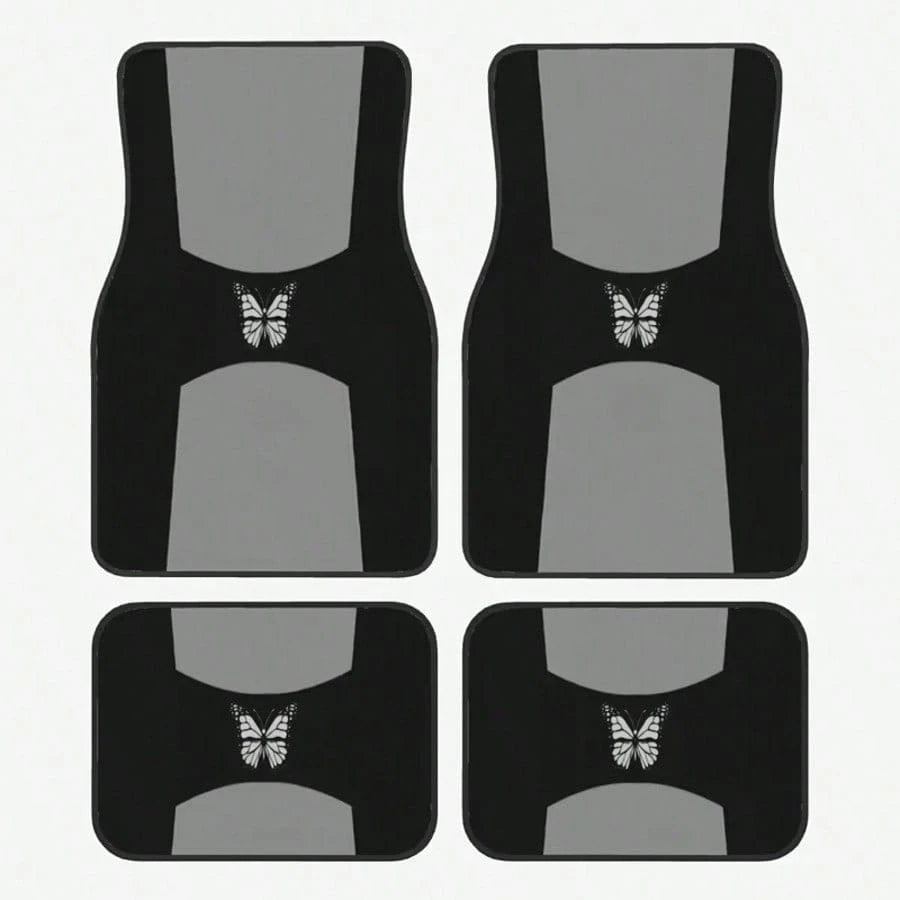 4pcs Grey & Black Butterfly Pattern Car Floor Mats- Suitable For Sedan, Truck And SUV- Perfect Gift For Men And Women