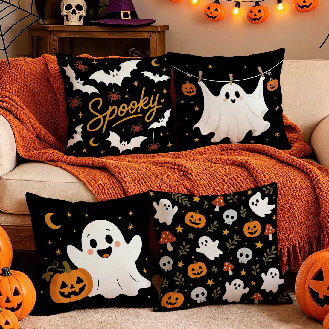 4pcs Halloween Ghost Pattern Pillow Covers Without Inserts, Single-Sided Printed Pillow Covers, Suitable For Living Room Bedroom Home Decor, All-Season Pillow Covers